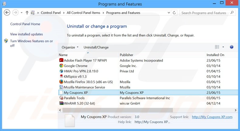 desinstalar el secuestrador de navegadores search.mycouponsxp.com desde el Panel de control