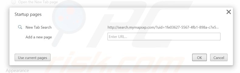 Eliminando search.mymapsxp.com de la página de inicio de Google Chrome