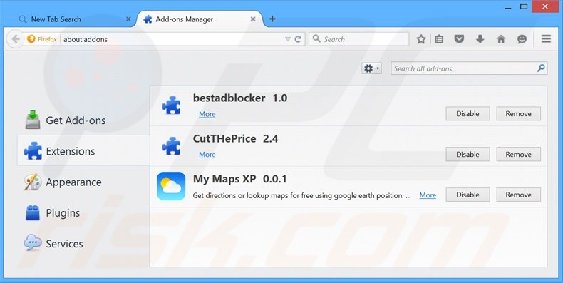 Eliminando search.mymapsxp.com de las extensiones de Mozilla Firefox