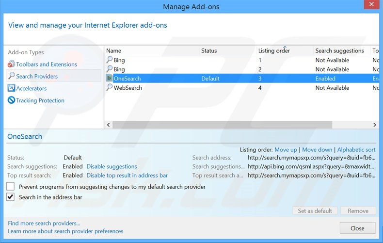 Eliminando search.mymapsxp.com del motor de búsqueda por defecto de Internet Explorer