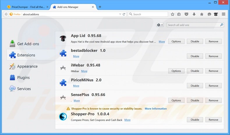 Eliminando los anuncios PriceChomper de Mozilla Firefox paso 2