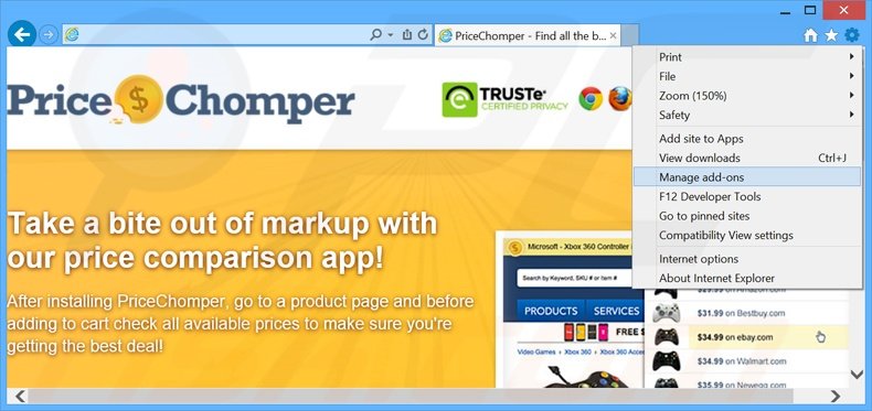 Eliminando los anuncios de PriceChomper de Internet Explorer paso 1