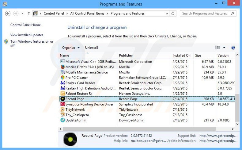 desinstalar el software publicitario record page del Panel de control