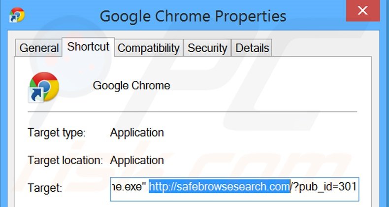 Eliminar safebrowsesearch.com del destino del acceso directo de Google Chrome paso 2