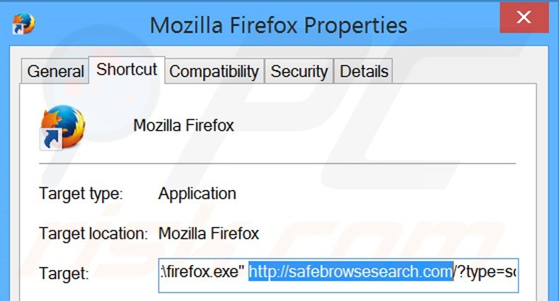 Eliminar safebrowsesearch.com del destino del acceso directo de Mozilla Firefox paso 2