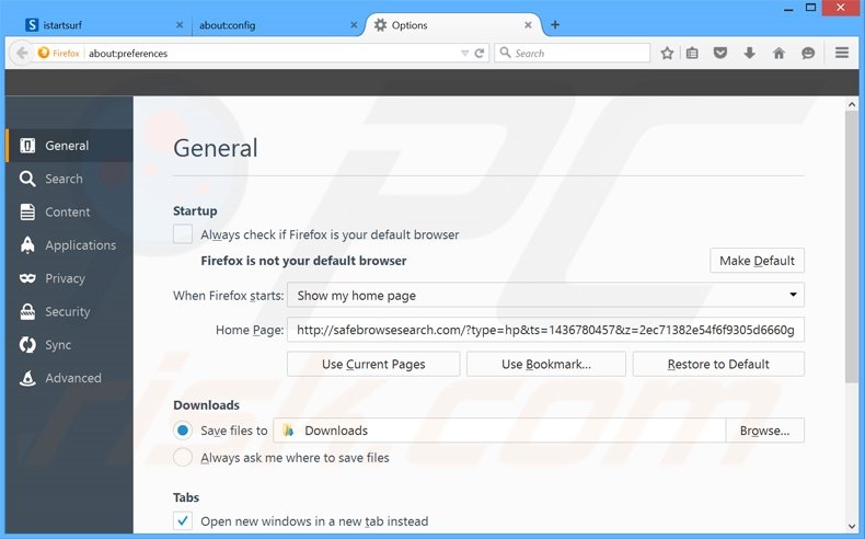 Eliminando safebrowsesearch.com de la página de inicio de Mozilla Firefox