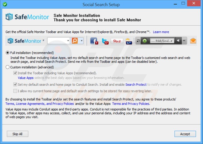 Instalador del software publicitario safemonitor