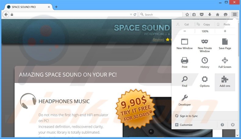 Eliminando los anuncios SpaceSoundPro de Mozilla Firefox paso 1