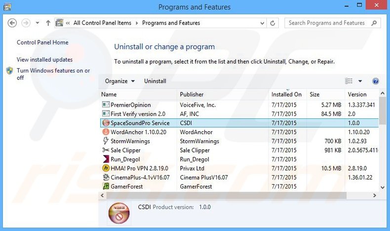 desinstalar el adware SpaceSoundPro del Panel de control