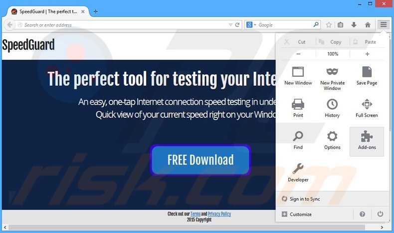 Eliminando los anuncios SpeedGuard de Mozilla Firefox paso 1