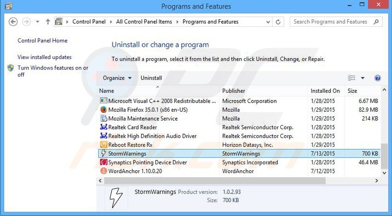 desinstalar el adware stormwarnings del Panel de control