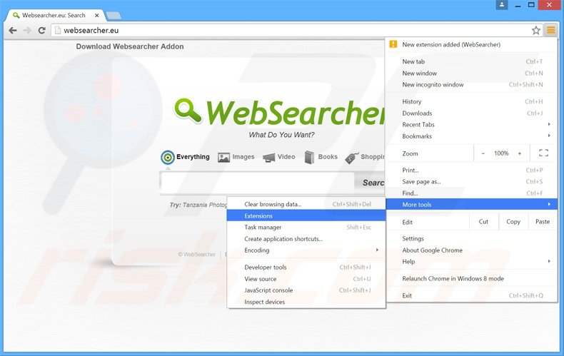 Eliminando los anuncios WebSearcher de Google Chrome paso 1