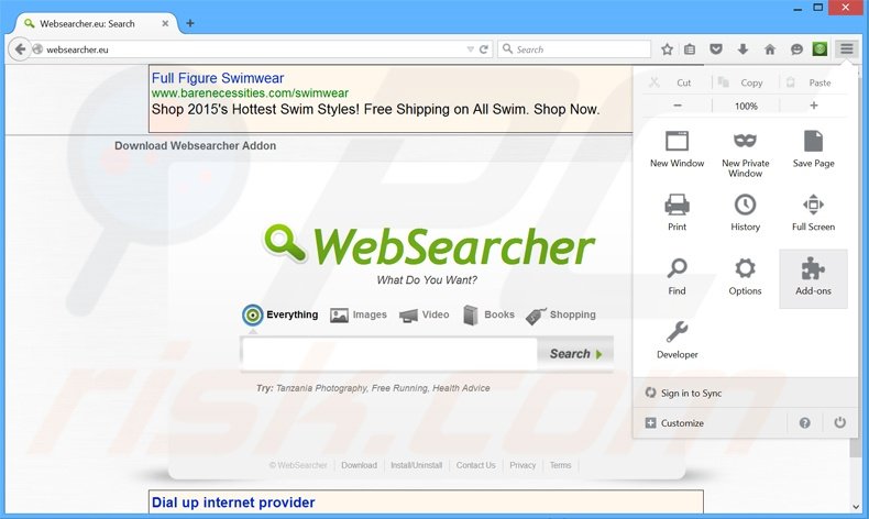 Eliminando los anuncios WebSearcher de Mozilla Firefox paso 1