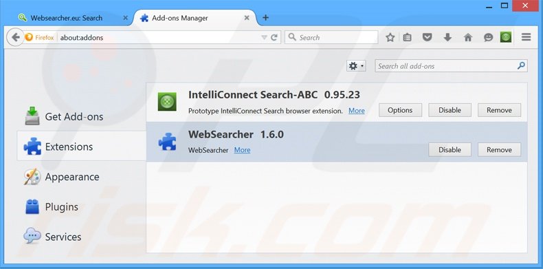 Eliminando los anuncios WebSearcher de Mozilla Firefox paso 2