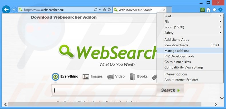 Eliminando los anuncios de WebSearcher de Internet Explorer paso 1