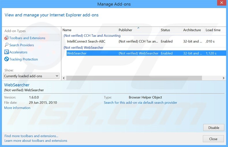 Eliminando los anuncios de WebSearcher de Internet Explorer paso 2