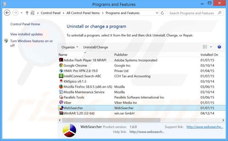 desinstalar el adware WebSearcher del Panel de control