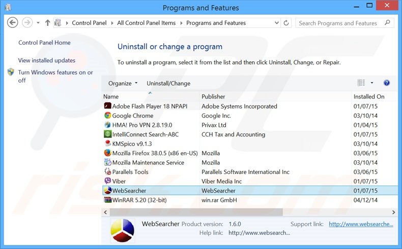 desinstalar el adware WebSearcher del Panel de control