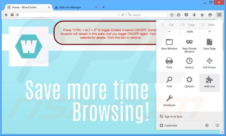 Eliminando los anuncios de Word Surfer de Mozilla Firefox paso 1