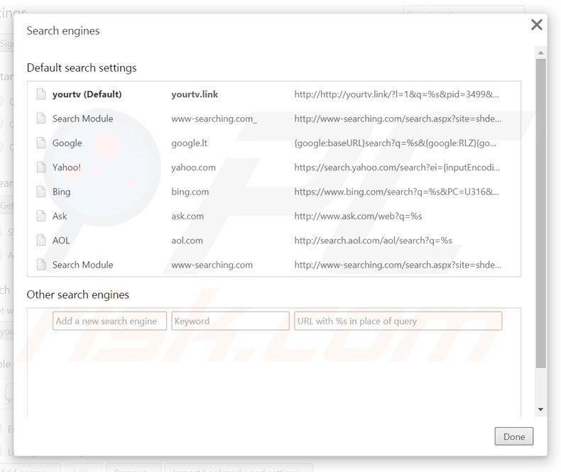 Eliminando yourtv.link del motor de búsqueda por defecto de Google Chrome