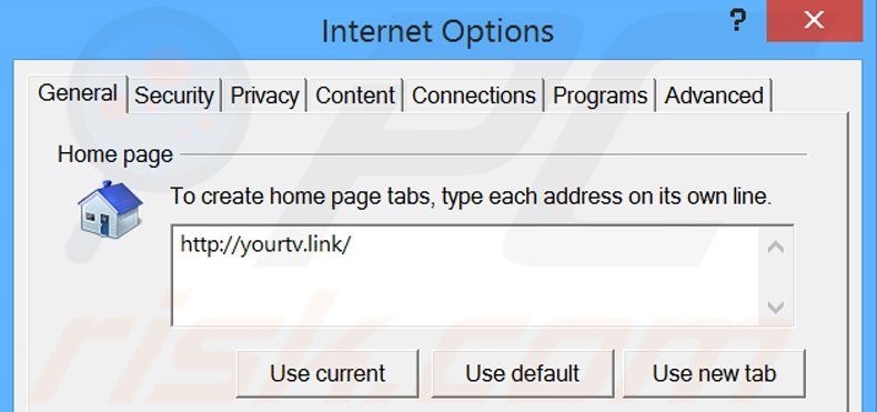 Eliminando yourtv.link de la página de inicio de Internet Explorer