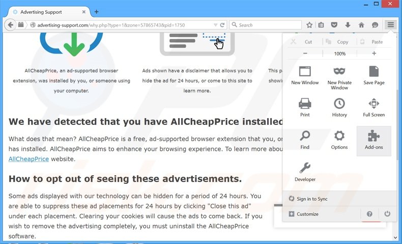 Eliminando los anuncios de Ads Remover de Mozilla Firefox paso 1