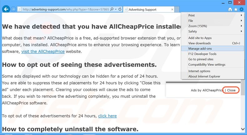 Eliminando los anuncios de Ads Remover de Internet Explorer paso 1