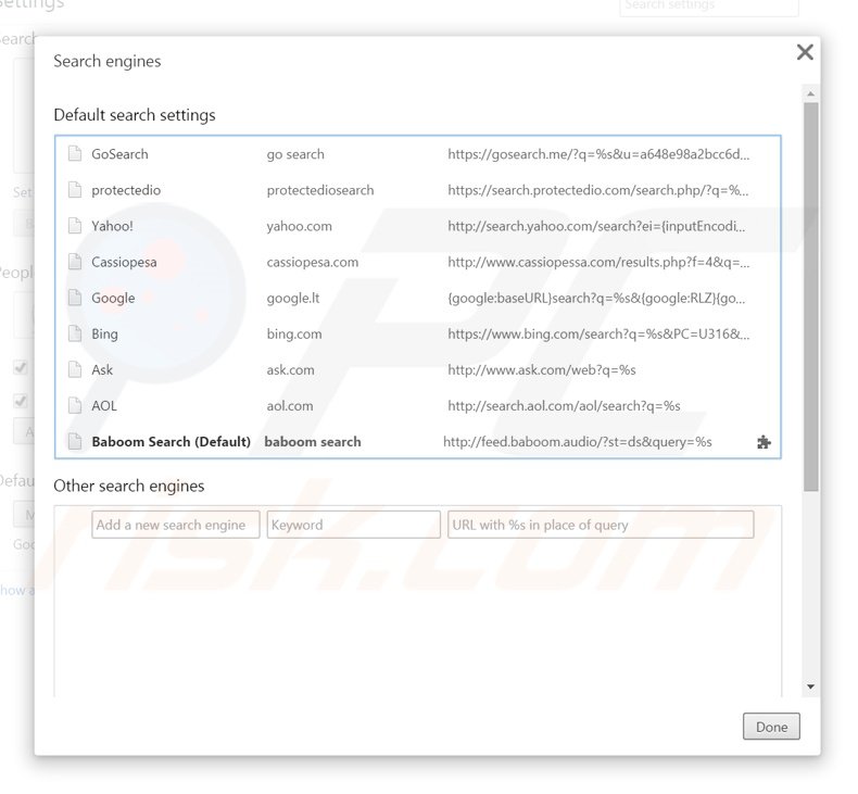 Eliminando baboom.audio del motor de búsqueda por defecto de Google Chrome