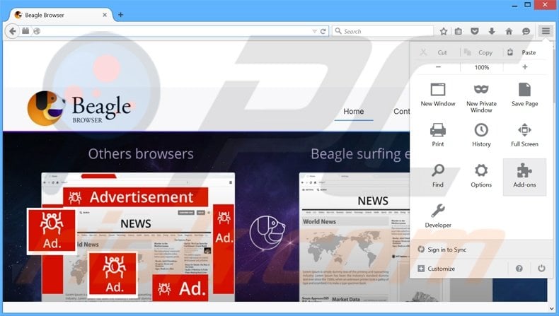 Eliminando los anuncios BeagleBrowser de Mozilla Firefox paso 1