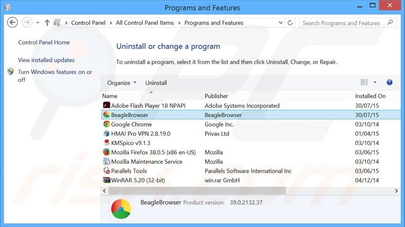 desinstalar el adware BeagleBrowser del Panel de control