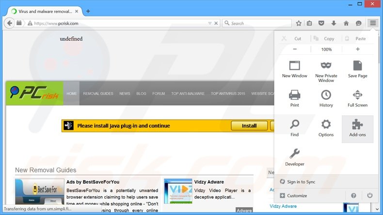 Eliminando los anuncios BitSaver de Mozilla Firefox paso 1