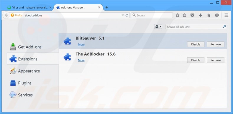 Eliminando los anuncios BitSaver de Mozilla Firefox paso 2