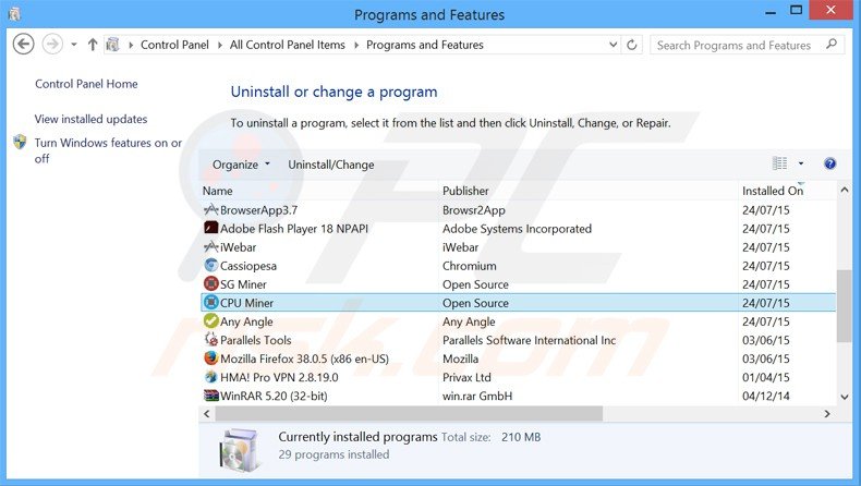 desinstalar cpu miner del Panel de control