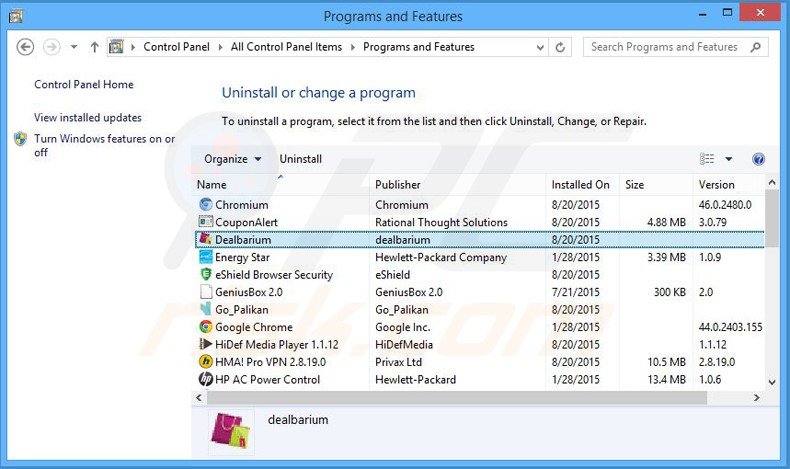 desinstalar el adware dealbarium del Panel de control