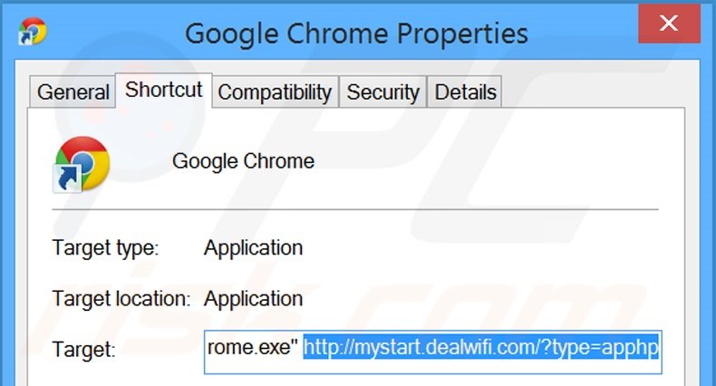 Eliminar mystart.dealwifi.com del destino del acceso directo de Google Chrome paso 2