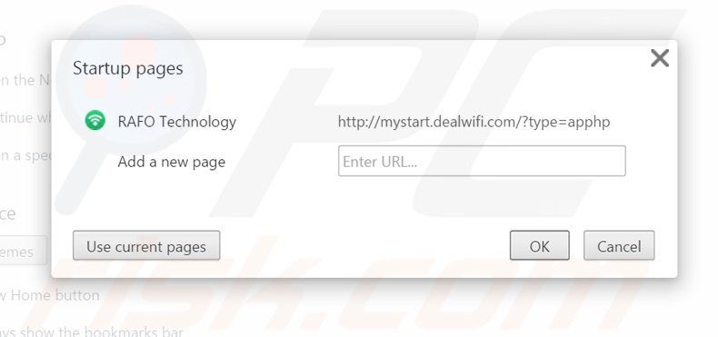 Eliminando mystart.dealwifi.com de la página de inicio de Google Chrome