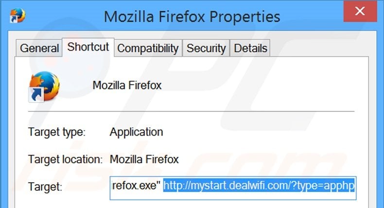 Eliminar mystart.dealwifi.com del destino del acceso directo de Mozilla Firefox paso 2