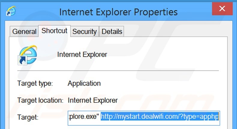 Eliminar mystart.dealwifi.com del destino del acceso directo de Internet Explorer paso 2