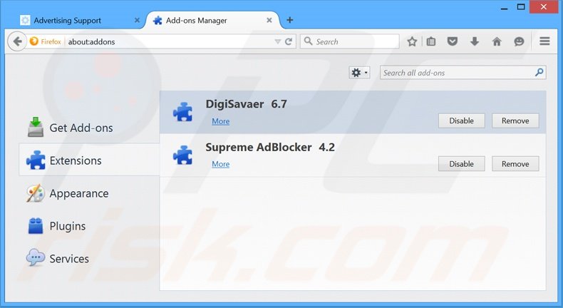 Eliminando los anuncios DigiSaver de Mozilla Firefox paso 2