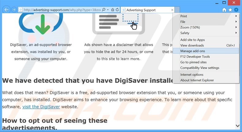 Eliminando los anuncios de DigiSaver de Internet Explorer paso 1