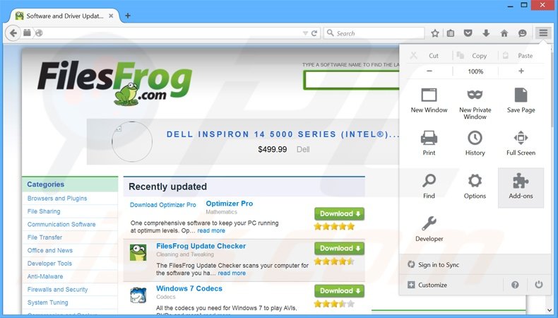 Eliminando los anuncios FilesFrog de Mozilla Firefox paso 1