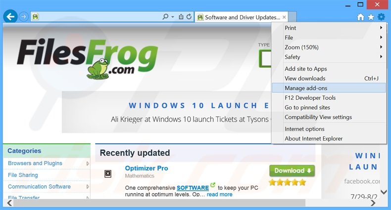 Eliminando los anuncios de FilesFrog de Internet Explorer paso 1