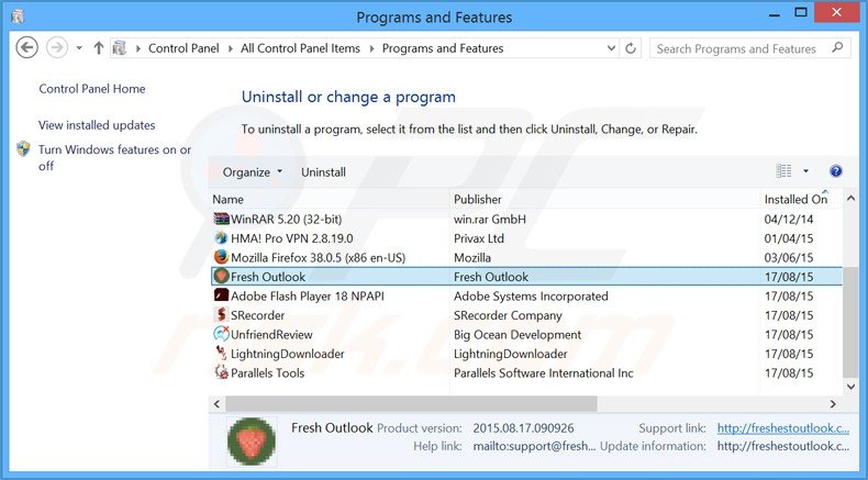 desinstalar el software publicitario fresh outlook del Panel de control