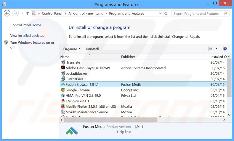 desinstalar el adware Fusion browser del Panel de control