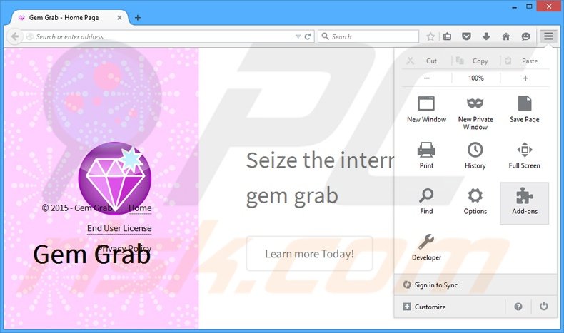 Eliminando los anuncios de Gem Grab de Mozilla Firefox paso 1