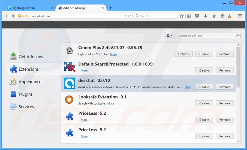 Eliminando los anuncios de Lightning newtab de Mozilla Firefox paso 2