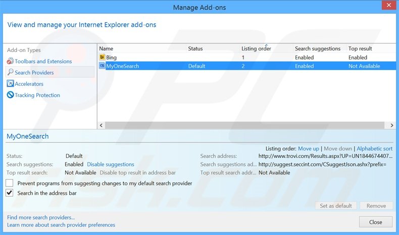 Eliminando MyOneSearch.net del motor de búsqueda por defecto de Internet Explorer