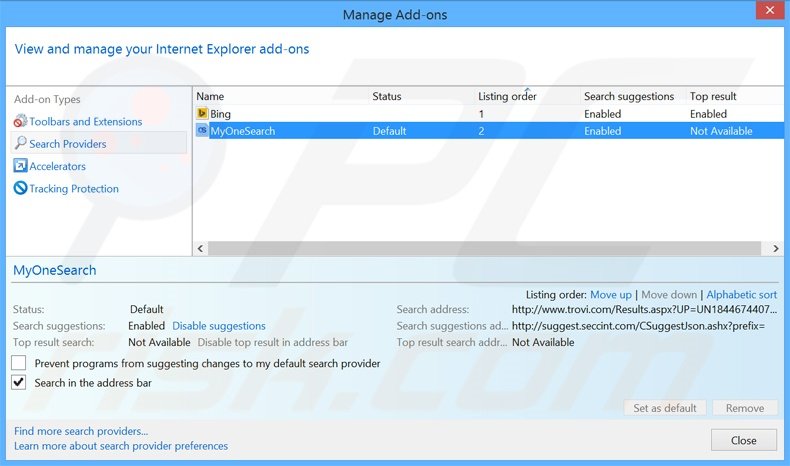 Eliminando MyOneSearch.net del motor de búsqueda por defecto de Internet Explorer