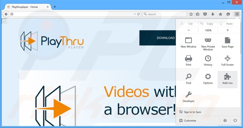 Eliminando los anuncios de Playthru Player de Mozilla Firefox paso 1