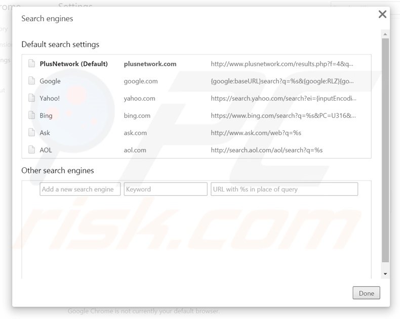 Eliminando plusnetwork.com del motor de búsqueda por defecto de Google Chrome